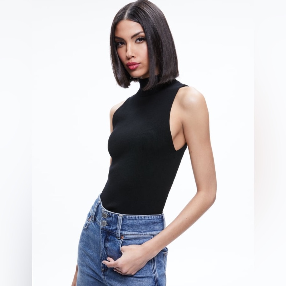 NWT Alice + Olivia Darcey Turtleneck Sweater Tank In Black, Size L